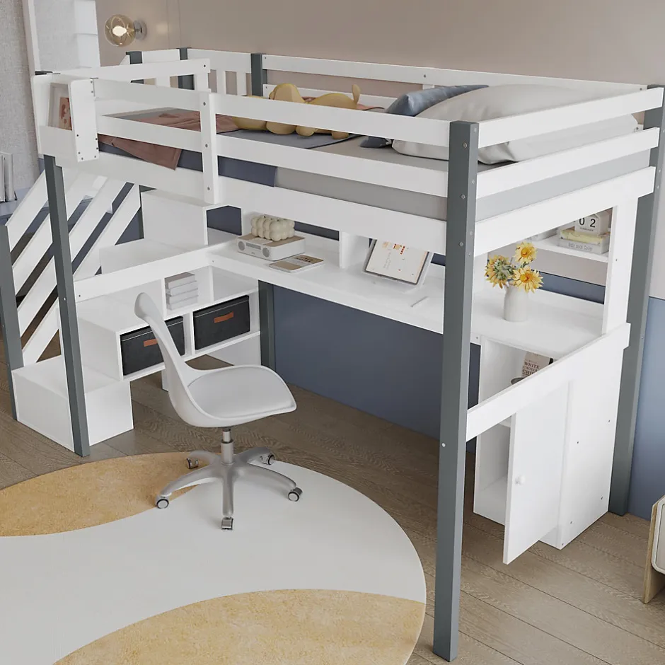 Okwish Lit Mezzanine 90x200 cm - Lit Mezzanine Ado avec Bureau, Rangement et Étagères, Pin et MDF, Blanc et Gris, Sans Matelas