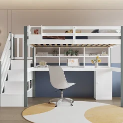Okwish Lit Mezzanine 90x200 cm - Lit Mezzanine Ado avec Bureau, Rangement et Étagères, Pin et MDF, Blanc et Gris, Sans Matelas
