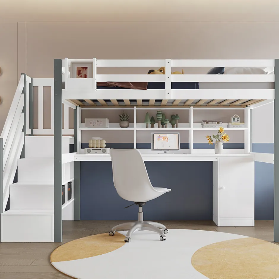 Okwish Lit Mezzanine 90x200 cm - Lit Mezzanine Ado avec Bureau, Rangement et Étagères, Pin et MDF, Blanc et Gris, Sans Matelas