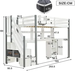 Okwish Lit Mezzanine 90x200 cm - Lit Mezzanine Ado avec Bureau, Rangement et Étagères, Pin et MDF, Blanc et Gris, Sans Matelas