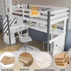 Okwish Lit Mezzanine 90x200 cm - Lit Mezzanine Ado avec Bureau, Rangement et Étagères, Pin et MDF, Blanc et Gris, Sans Matelas