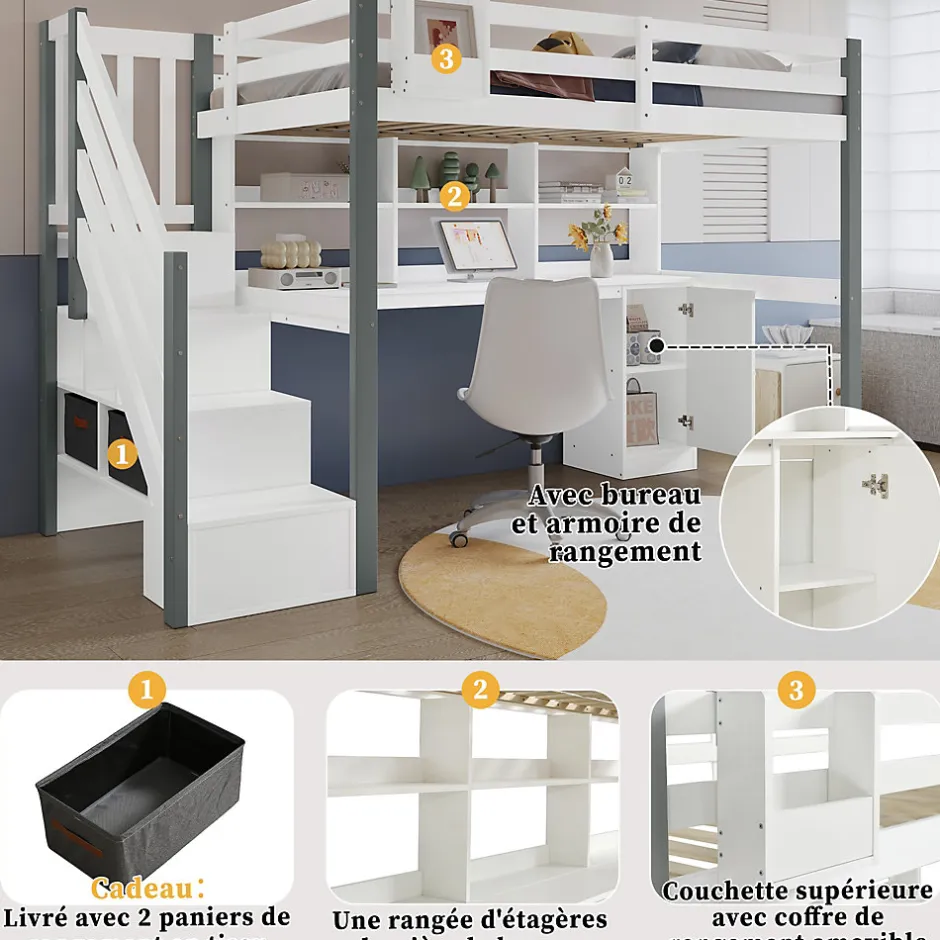 Okwish Lit Mezzanine 90x200 cm - Lit Mezzanine Ado avec Bureau, Rangement et Étagères, Pin et MDF, Blanc et Gris, Sans Matelas