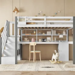 Okwish Lit Mezzanine 90x200 cm - Lit Mezzanine Ado avec Bureau, Rangement et Étagères, Pin et MDF, Blanc et Gris, Sans Matelas