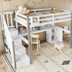 Okwish Lit Mezzanine 90x200 cm - Lit Mezzanine Ado avec Bureau, Rangement et Étagères, Pin et MDF, Blanc et Gris, Sans Matelas