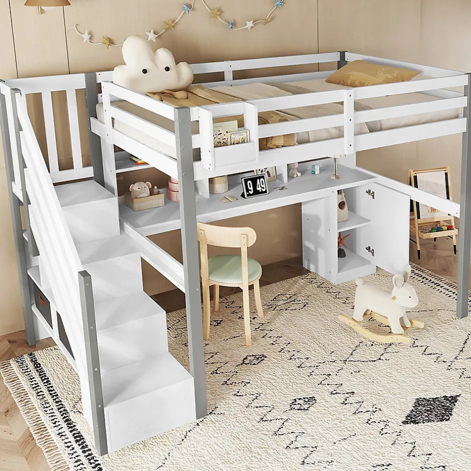 Okwish Lit Mezzanine 90x200 cm - Lit Mezzanine Ado avec Bureau, Rangement et Étagères, Pin et MDF, Blanc et Gris, Sans Matelas