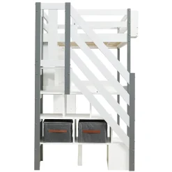 Okwish Lit Mezzanine 90x200 cm - Lit Mezzanine Ado avec Bureau, Rangement et Étagères, Pin et MDF, Blanc et Gris, Sans Matelas
