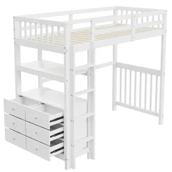 Okwish Lit Mezzanine 90x200 cm - Lit Simple avec Bureau et 6 Tiroirs, Étagères de Rangement, Bois de Pin et MDF, Blanc - Sans Matelas Discount