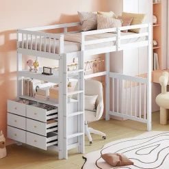Okwish Lit Mezzanine 90x200 cm - Lit Simple avec Bureau et 6 Tiroirs, Étagères de Rangement, Bois de Pin et MDF, Blanc - Sans Matelas Discount