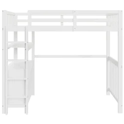 Okwish Lit Mezzanine 90x200 cm - Lit Simple avec Bureau et 6 Tiroirs, Étagères de Rangement, Bois de Pin et MDF, Blanc - Sans Matelas Discount