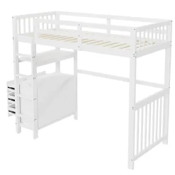 Okwish Lit Mezzanine 90x200 cm - Lit Simple avec Bureau et 6 Tiroirs, Étagères de Rangement, Bois de Pin et MDF, Blanc - Sans Matelas Discount