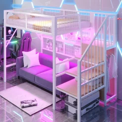 Okwish Lit mezzanine 90x200 cm - Lit simple déco avec éclairage LED et rangement sous lit - Armoire ouverte en MDF et métal - Blanc Clearance