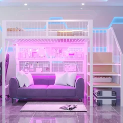 Okwish Lit mezzanine 90x200 cm - Lit simple déco avec éclairage LED et rangement sous lit - Armoire ouverte en MDF et métal - Blanc Clearance