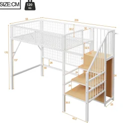Okwish Lit mezzanine 90x200 cm - Lit simple déco avec éclairage LED et rangement sous lit - Armoire ouverte en MDF et métal - Blanc Clearance