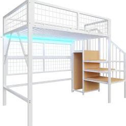 Okwish Lit mezzanine 90x200 cm - Lit simple déco avec éclairage LED et rangement sous lit - Armoire ouverte en MDF et métal - Blanc Clearance