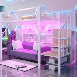 Okwish Lit mezzanine 90x200 cm - Lit simple déco avec éclairage LED et rangement sous lit - Armoire ouverte en MDF et métal - Blanc Clearance