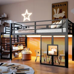Okwish Lit Mezzanine 90x200 cm - Lit Simple avec Escalier de Rangement et LED Intégrée, sans Matelas - Métal Noir