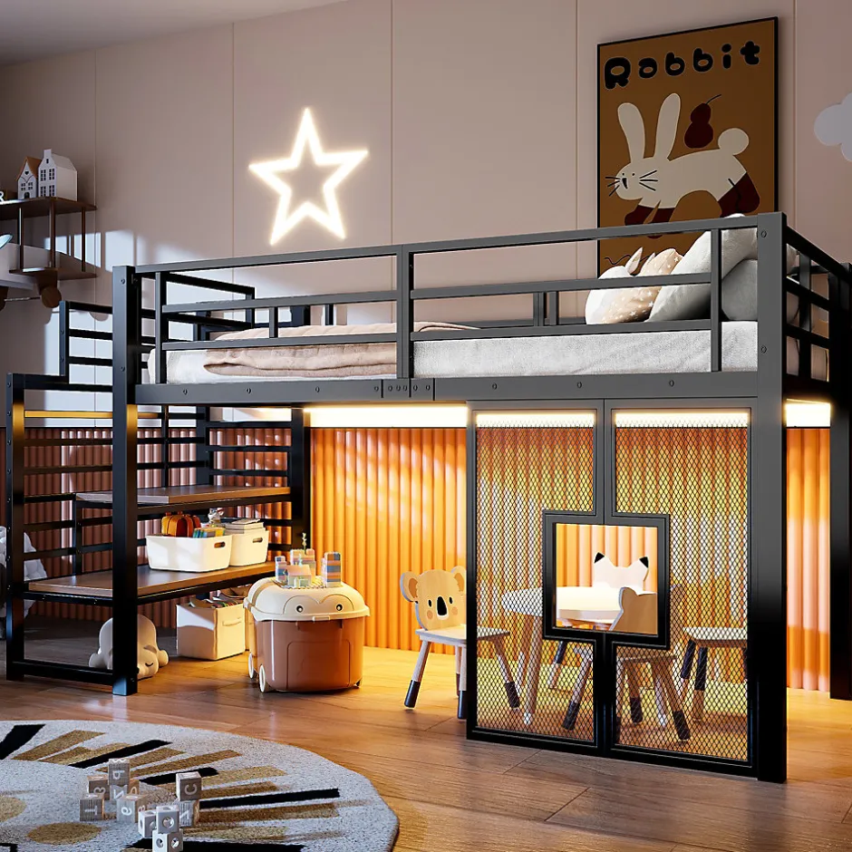 Okwish Lit Mezzanine 90x200 cm - Lit Simple avec Escalier de Rangement et LED Intégrée, sans Matelas - Métal Noir