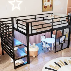 Okwish Lit Mezzanine 90x200 cm - Lit Simple avec Escalier de Rangement et LED Intégrée, sans Matelas - Métal Noir