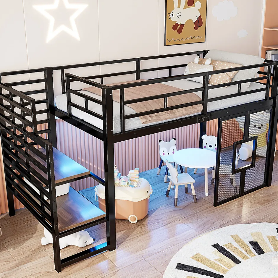 Okwish Lit Mezzanine 90x200 cm - Lit Simple avec Escalier de Rangement et LED Intégrée, sans Matelas - Métal Noir