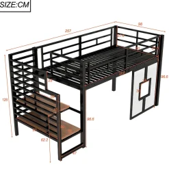 Okwish Lit Mezzanine 90x200 cm - Lit Simple avec Escalier de Rangement et LED Intégrée, sans Matelas - Métal Noir
