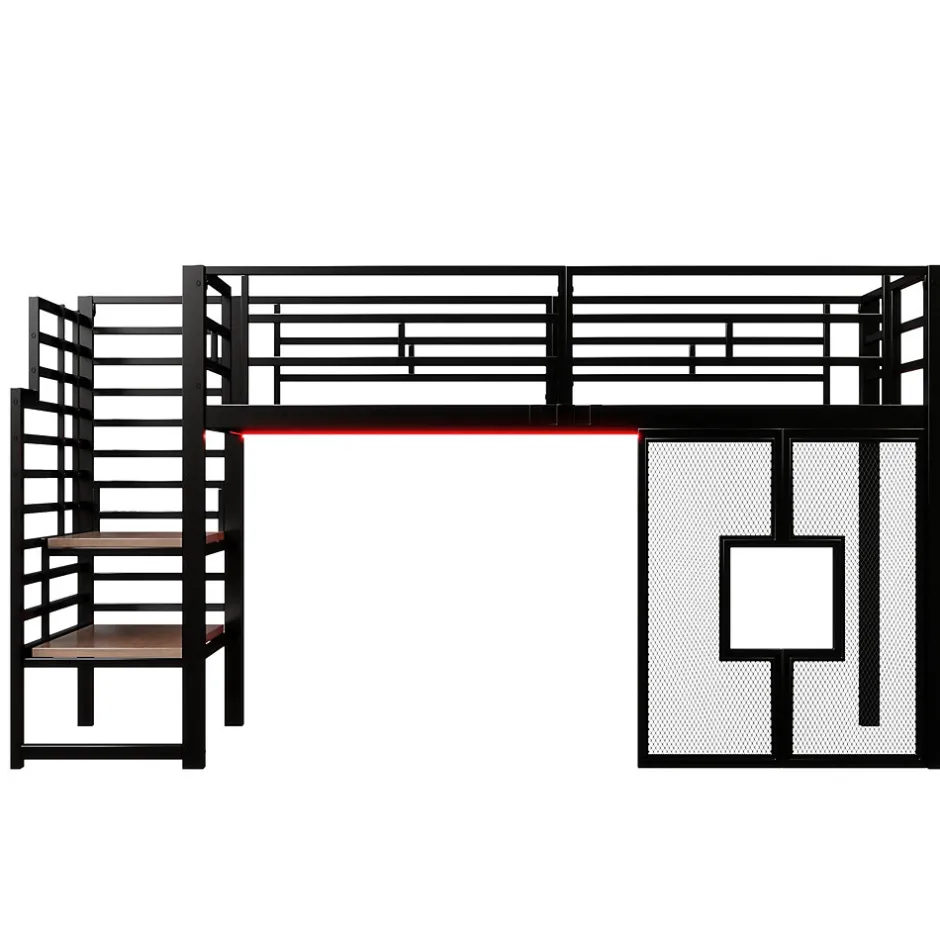 Okwish Lit Mezzanine 90x200 cm - Lit Simple avec Escalier de Rangement et LED Intégrée, sans Matelas - Métal Noir