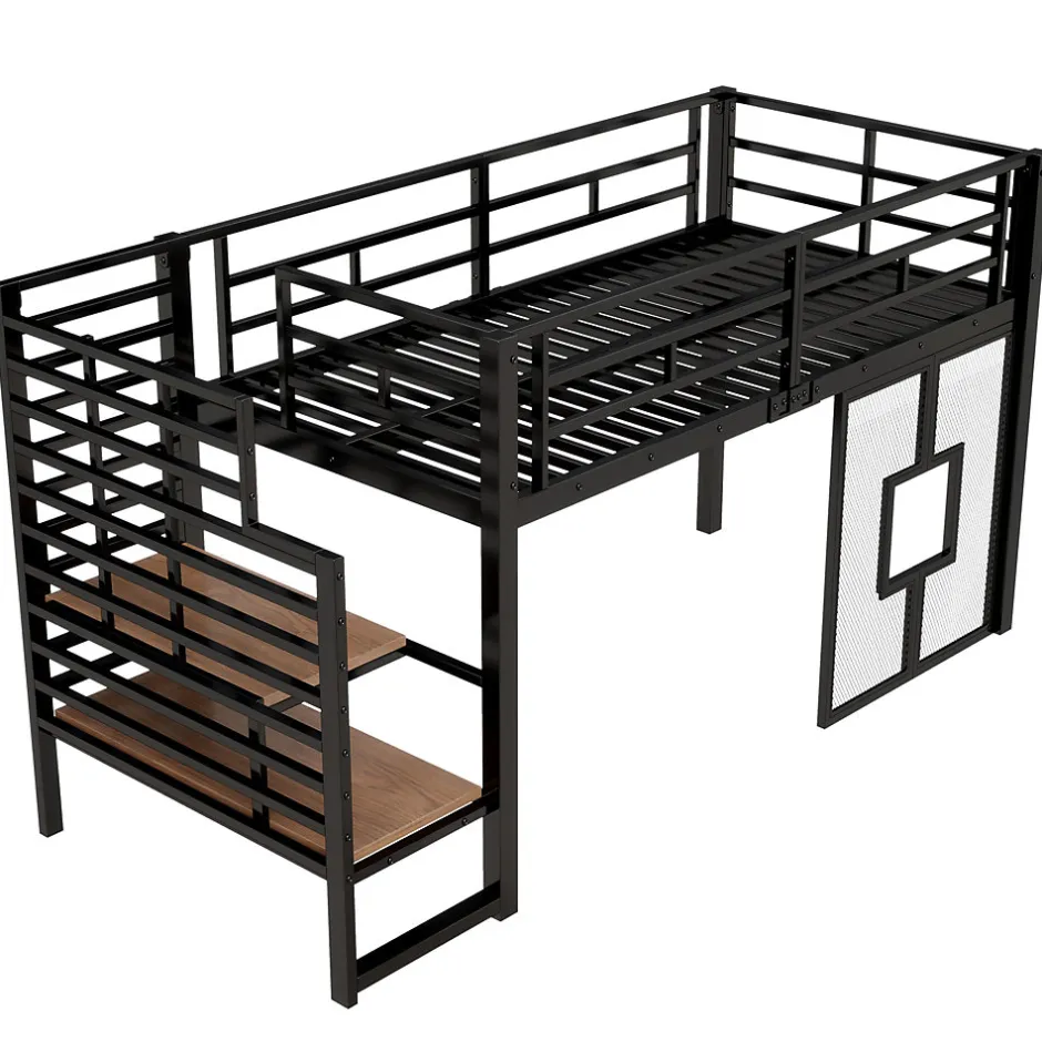 Okwish Lit Mezzanine 90x200 cm - Lit Simple avec Escalier de Rangement et LED Intégrée, sans Matelas - Métal Noir