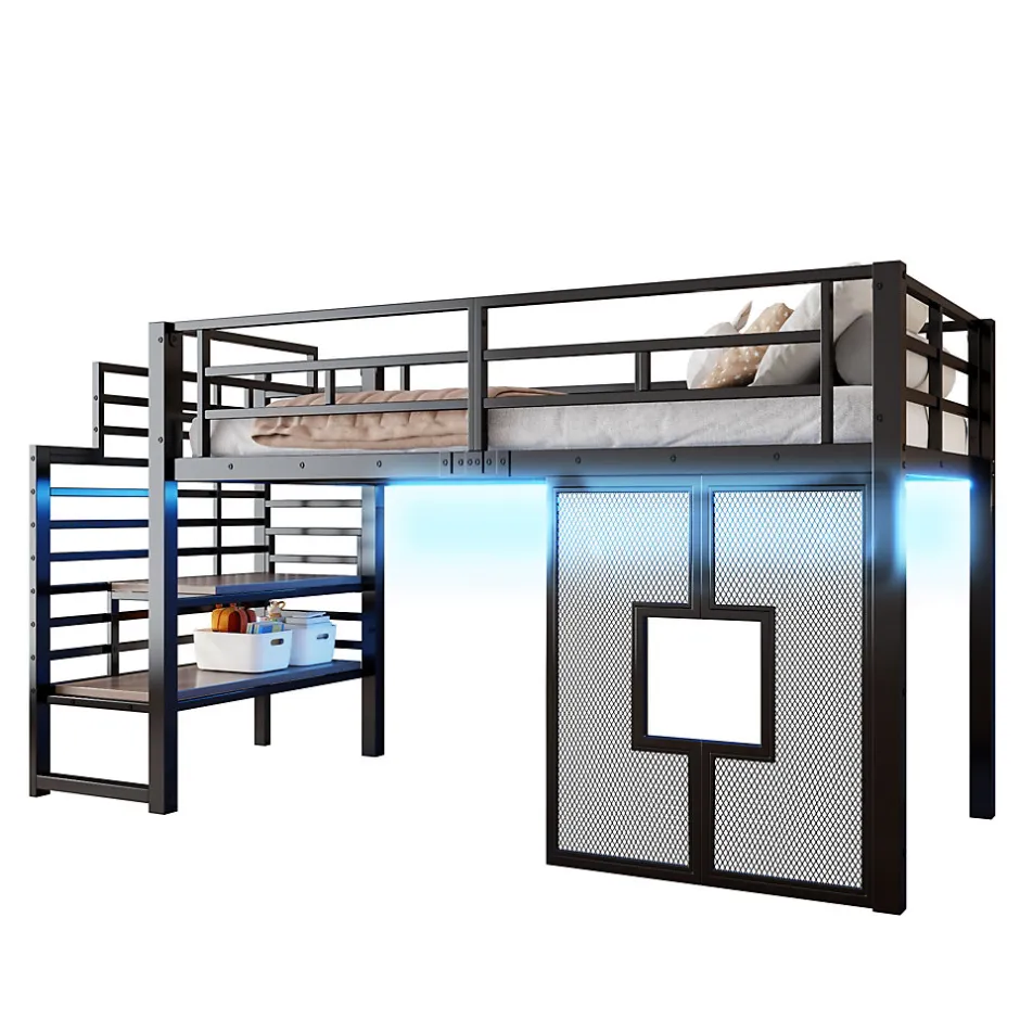 Okwish Lit Mezzanine 90x200 cm - Lit Simple avec Escalier de Rangement et LED Intégrée, sans Matelas - Métal Noir