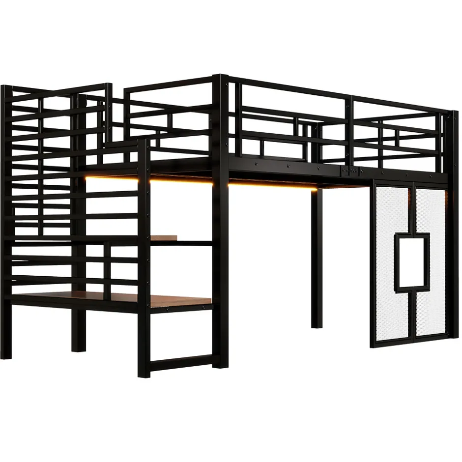 Okwish Lit Mezzanine 90x200 cm - Lit Simple avec Escalier de Rangement et LED Intégrée, sans Matelas - Métal Noir