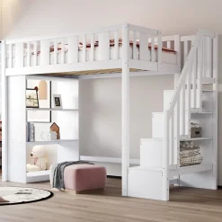 Okwish Lit mezzanine 90x200 cm - Lit simple avec rangements intégrés, échelle pratique et tiroirs fonctionnels - Pin et MDF - Blanc