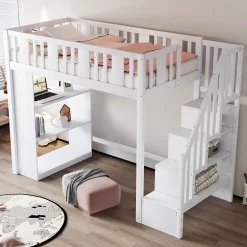 Okwish Lit mezzanine 90x200 cm - Lit simple avec rangements intégrés, échelle pratique et tiroirs fonctionnels - Pin et MDF - Blanc