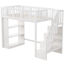 Okwish Lit mezzanine 90x200 cm - Lit simple avec rangements intégrés, échelle pratique et tiroirs fonctionnels - Pin et MDF - Blanc