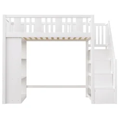 Okwish Lit mezzanine 90x200 cm - Lit simple avec rangements intégrés, échelle pratique et tiroirs fonctionnels - Pin et MDF - Blanc