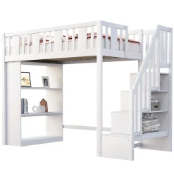 Okwish Lit mezzanine 90x200 cm - Lit simple avec rangements intégrés, échelle pratique et tiroirs fonctionnels - Pin et MDF - Blanc