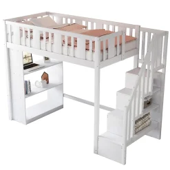 Okwish Lit mezzanine 90x200 cm - Lit simple avec rangements intégrés, échelle pratique et tiroirs fonctionnels - Pin et MDF - Blanc