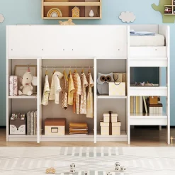 Okwish Lit mezzanine 90x200 cm - Lit simple avec échelle sécurisée, placard intégré et rangement pratique - Pin et MDF - Blanc Clearance