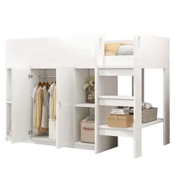 Okwish Lit mezzanine 90x200 cm - Lit simple avec échelle sécurisée, placard intégré et rangement pratique - Pin et MDF - Blanc Clearance
