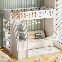 Okwish Lit Mezzanine 90x200 cm - Lit Simple avec Échelle de Rangement et Étagères - Cadre en Bois et Métal - Sans Matelas - Blanc