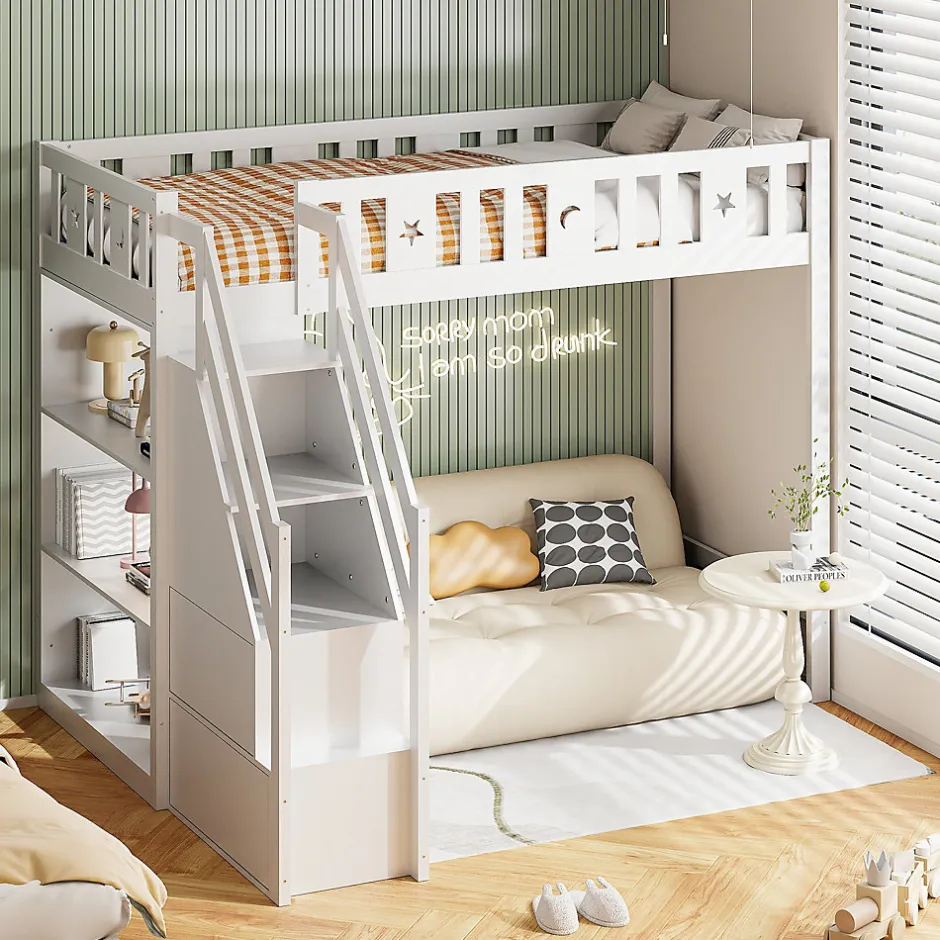 Okwish Lit Mezzanine 90x200 cm - Lit Simple avec Échelle de Rangement et Étagères - Cadre en Bois et Métal - Sans Matelas - Blanc
