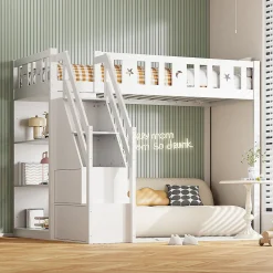 Okwish Lit Mezzanine 90x200 cm - Lit Simple avec Échelle de Rangement et Étagères - Cadre en Bois et Métal - Sans Matelas - Blanc