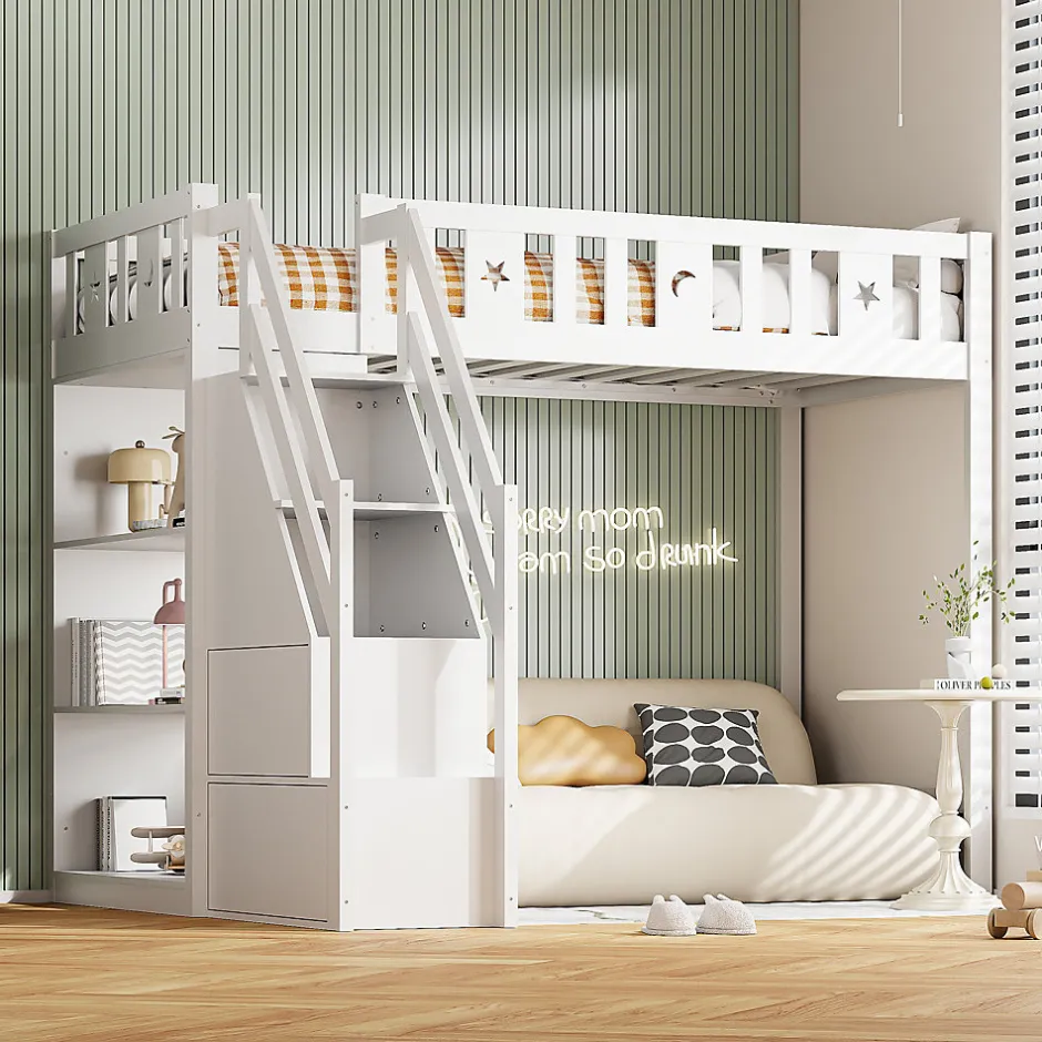 Okwish Lit Mezzanine 90x200 cm - Lit Simple avec Échelle de Rangement et Étagères - Cadre en Bois et Métal - Sans Matelas - Blanc