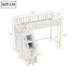 Okwish Lit Mezzanine 90x200 cm - Lit Simple avec Échelle de Rangement et Étagères - Cadre en Bois et Métal - Sans Matelas - Blanc