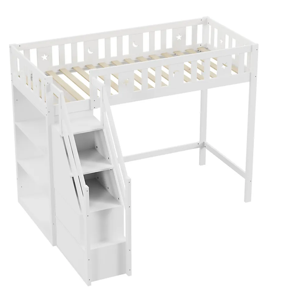 Okwish Lit Mezzanine 90x200 cm - Lit Simple avec Échelle de Rangement et Étagères - Cadre en Bois et Métal - Sans Matelas - Blanc
