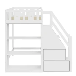 Okwish Lit Mezzanine 90x200 cm - Lit Simple avec Échelle de Rangement et Étagères - Cadre en Bois et Métal - Sans Matelas - Blanc