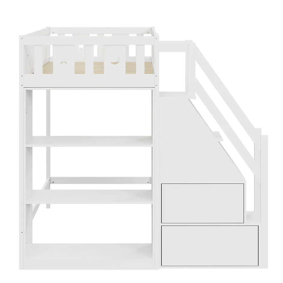 Okwish Lit Mezzanine 90x200 cm - Lit Simple avec Échelle de Rangement et Étagères - Cadre en Bois et Métal - Sans Matelas - Blanc