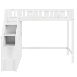 Okwish Lit Mezzanine 90x200 cm - Lit Simple avec Échelle de Rangement et Étagères - Cadre en Bois et Métal - Sans Matelas - Blanc