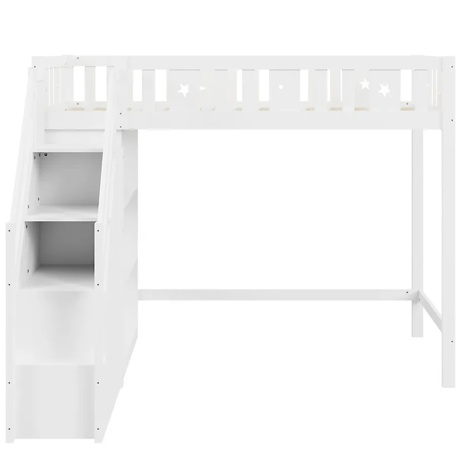 Okwish Lit Mezzanine 90x200 cm - Lit Simple avec Échelle de Rangement et Étagères - Cadre en Bois et Métal - Sans Matelas - Blanc