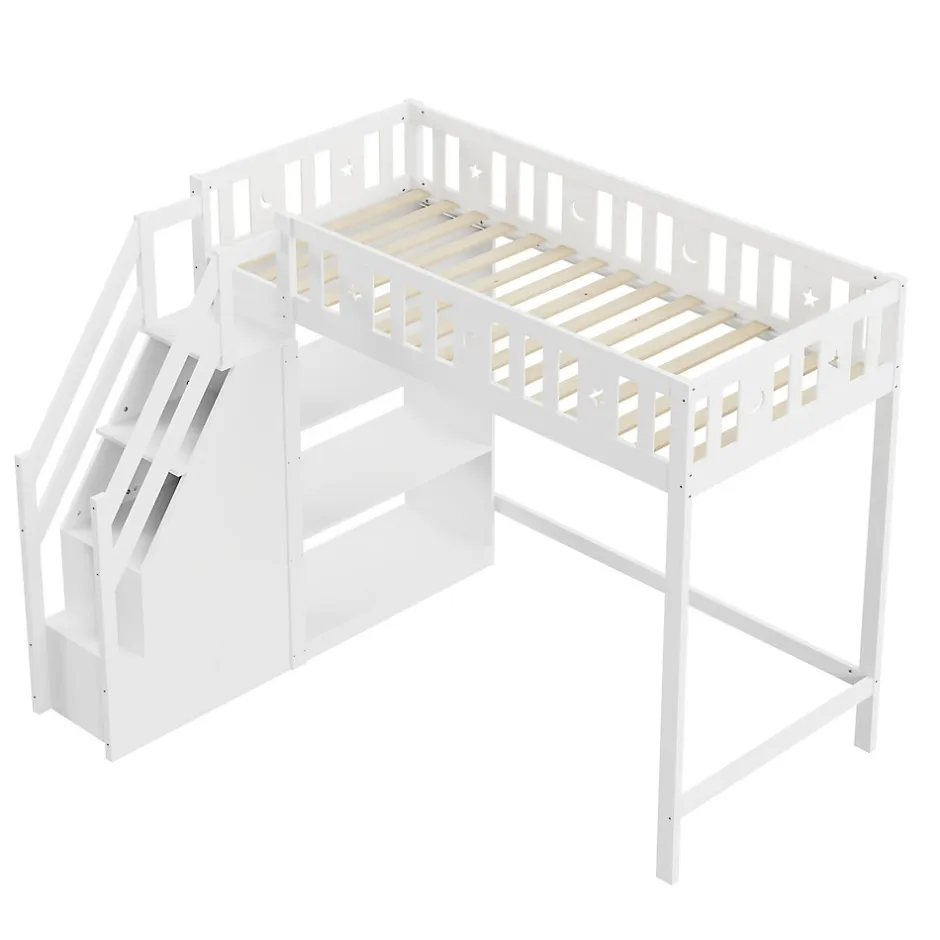 Okwish Lit Mezzanine 90x200 cm - Lit Simple avec Échelle de Rangement et Étagères - Cadre en Bois et Métal - Sans Matelas - Blanc