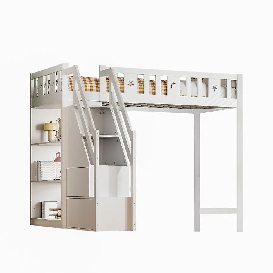 Okwish Lit Mezzanine 90x200 cm - Lit Simple avec Échelle de Rangement et Étagères - Cadre en Bois et Métal - Sans Matelas - Blanc