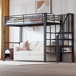 Okwish Lit mezzanine 90x200 cm - Lit simple avec rangement et escalier intégré, structure métallique solide - Noir - Sans matelas