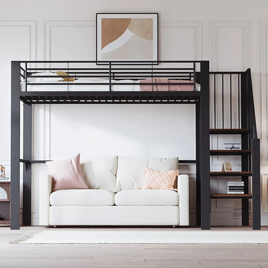 Okwish Lit mezzanine 90x200 cm - Lit simple avec rangement et escalier intégré, structure métallique solide - Noir - Sans matelas